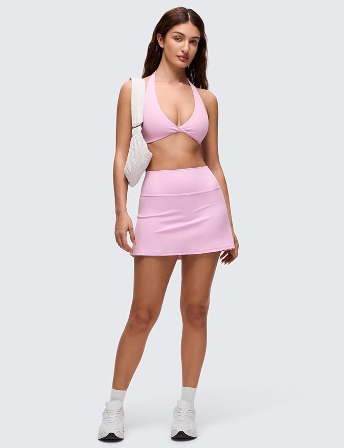 CRZ YOGA Butterluxe Double Lined Twist Halter Sports Bras for Women - Deep V Neck Crop Top Casual Open Back Non Padded