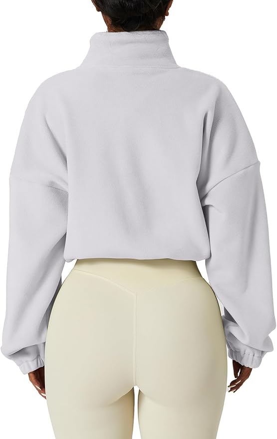 QINSEN Women's Full Zip Fleece Short Jacket Warm Winter Long Sleeve Stand Collar Sherpa Crop Coat