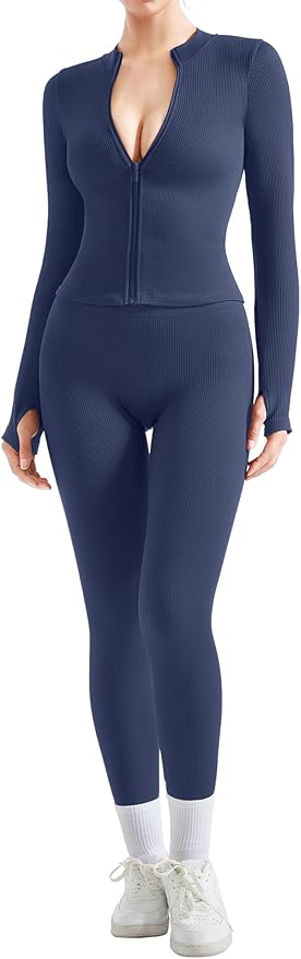SUUKSESS Women 2 Piece Seamless Ribbed Workout Sets With Zip Up Jacket High Waisted Gym Yoga Leggings