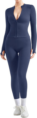 SUUKSESS Women 2 Piece Seamless Ribbed Workout Sets With Zip Up Jacket High Waisted Gym Yoga Leggings