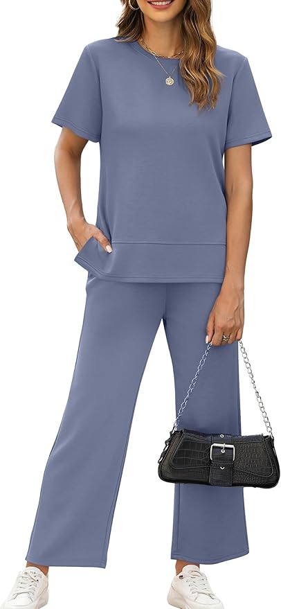 XIEERDUO Women's Side Slit Lounge Sets 2026 Fashion 2 Piece Travel Outfits Cozy Loungewear Wide Leg Tracksuits S-3XL