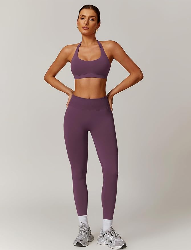 ABOCIW Workout Sets for Women Seamless Scunch Butt Lifting Impact Leggings Halter Sports Bra 2 Piece Gym Outfits