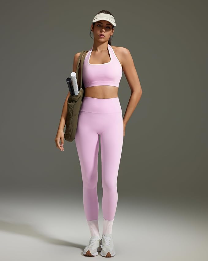 OMKAGI 2 Piece Workout Sets for Women Halter Sports Bras Gym Sets Booty Leggings Outfits