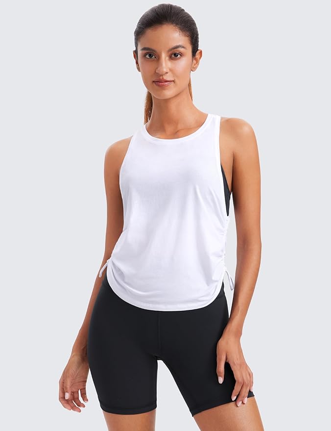 CRZ YOGA Pima Cotton Ruched Side Tank Tops for Women - Workout Athletic Casual Racerback Crewneck Loose Sleeveless Shirts