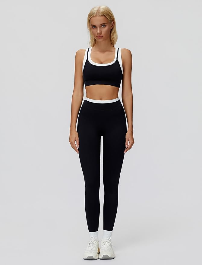 ABOCIW Two Piece Workout Sets for Women Layer Sports Bra Tummy Control High Wait Leggings Gym Yoga Outfits