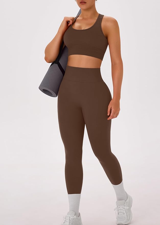 OLCHEE Womens Workout Sets 2 Piece - Acid Wash Seamless Yoga Outfits High Waist Leggings Padded Racerback Sports Bra Gym Set