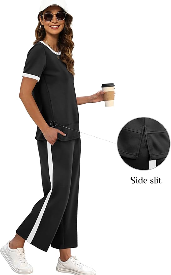 XIEERDUO Women's Side Slit Lounge Sets 2026 Fashion 2 Piece Travel Outfits Cozy Loungewear Wide Leg Tracksuits S-3XL