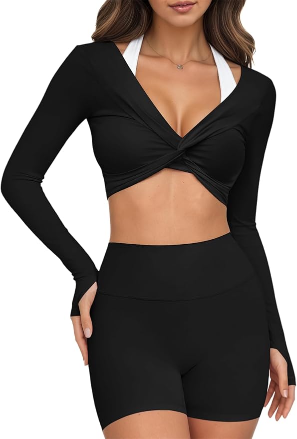 Yousify Womens Long Sleeve Workout Crop Tops Twist Deep V Neck Y2k Yoga Pilates Ballet T Shirt Top with Thumb Holes