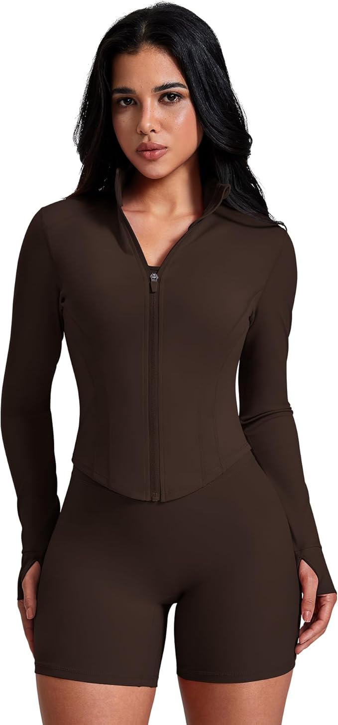 AVGO Women's Workout Jacket Lightweight Zip Up Crop Top Running Sportwear Slim Fit Gym Jackets With Thumb Holes