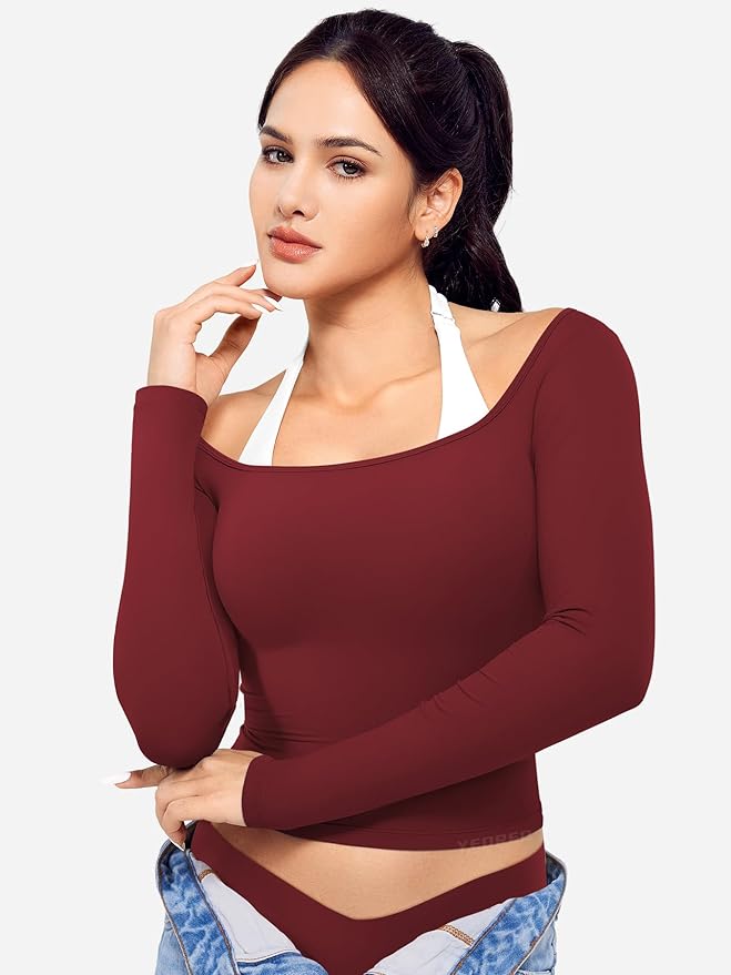 YEOREO Long Sleeve Workout Tops for Women Square Neck Slim Fitted Double Lined Compression Shirt Basic Casual Gym Yoga Tops