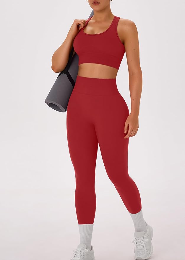 OLCHEE Womens Workout Sets 2 Piece - Acid Wash Seamless Yoga Outfits High Waist Leggings Padded Racerback Sports Bra Gym Set