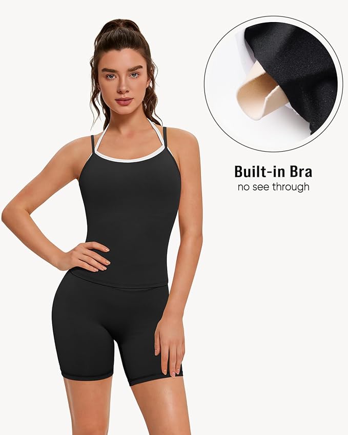 OMKAGI Halter Workout Tank Tops for Women Built in Bra Cute Layer Longline Sports Bras
