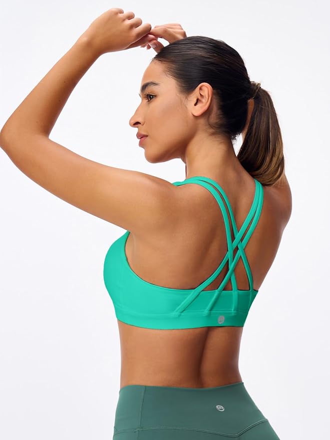 Women's Strappy Sports Bras Light Compression Crop Criss Cross Back Padded Workout Yoga Bra Supportive U Neckline