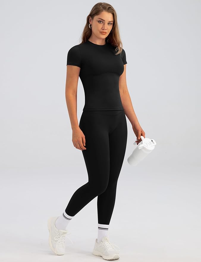 Relety Womens Two Piece Workout Sets Slim Fit Short Sleeve Shirt High Waist Leggings Yoga Outfits Matching Gym Set