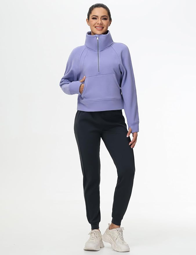 THE GYM PEOPLE Womens' Half Zip Pullover Fleece Stand Collar Crop Sweatshirt with Pockets Thumb Hole