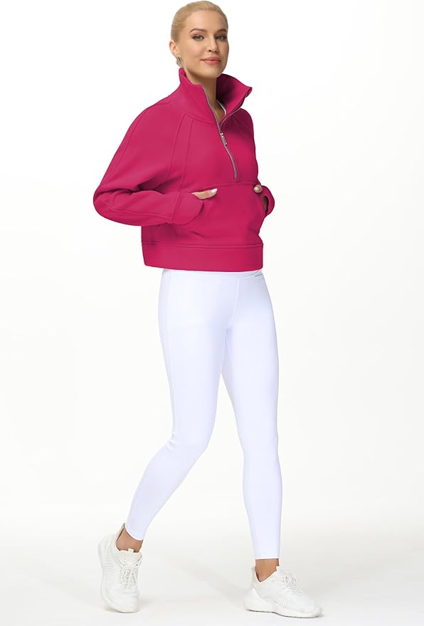THE GYM PEOPLE Womens' Half Zip Pullover Fleece Stand Collar Crop Sweatshirt with Pockets Thumb Hole