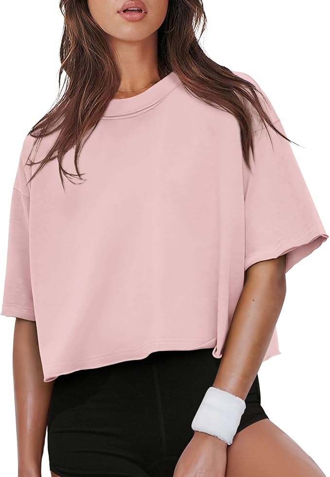 XIEERDUO Cotton Tshirts for Women Drop Shoulder Round Neck Oversized Crop Tops Workout Tops Tees