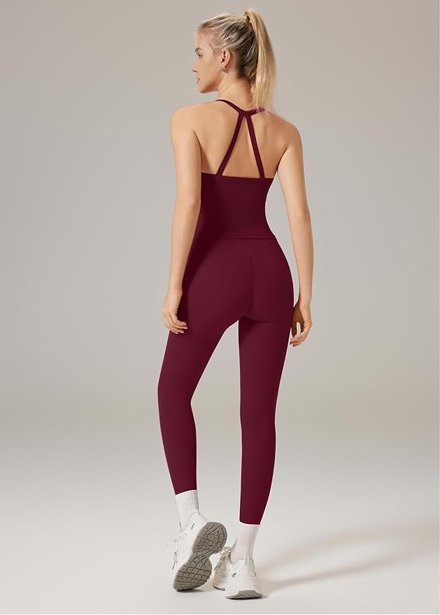 RXRXCOCO Cross Back Workout Sets for Women 2 Piece Padded Tank Tops Hidden Scrunch Leggings Gym Outfits with Pockets