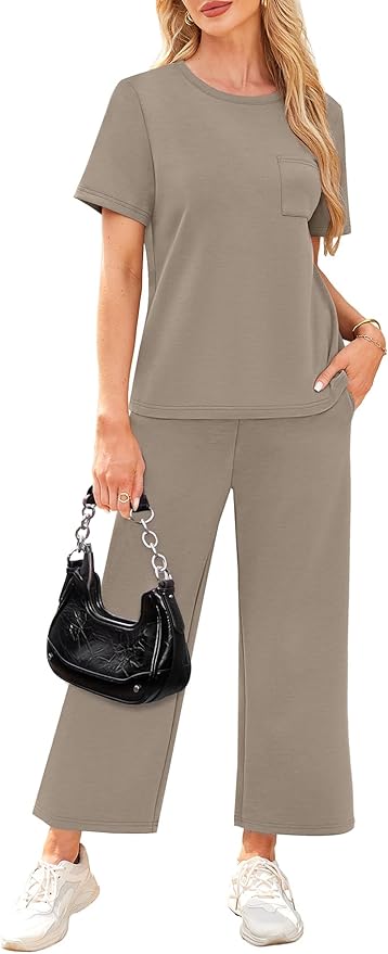 WIHOLL 2 Piece Sets for Women Casual Summer Travel Vacation Outfits Short Sleeve Wide Leg Crop Pants Lounge Sets