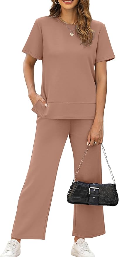 XIEERDUO Women's Side Slit Lounge Sets 2026 Fashion 2 Piece Travel Outfits Cozy Loungewear Wide Leg Tracksuits S-3XL