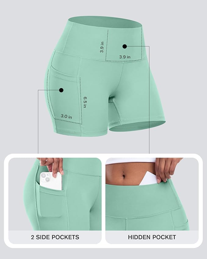 CHRLEISURE Womens Biker Yoga Shorts with Pocket, High Waisted Tummy Control 5 Inch Workout Spandex Athletic Gym Shorts