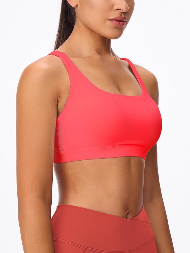 Women's Strappy Sports Bras Light Compression Crop Criss Cross Back Padded Workout Yoga Bra Supportive U Neckline