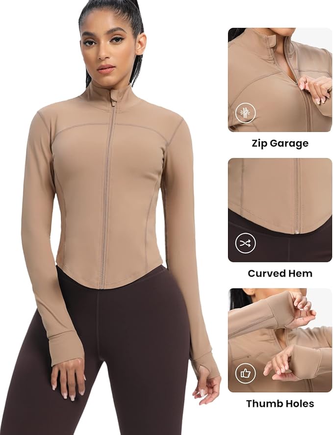 AVGO Women's Cropped Running Workout Jackets Zip Slim Fit Athletic Tops with Thumb Holes