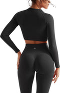 SUUKSESS Women 2 Piece Workout Sets Hidden Scrunch Hip Lifting Seamless Leggings Long Sleeve Yoga Crop Tops