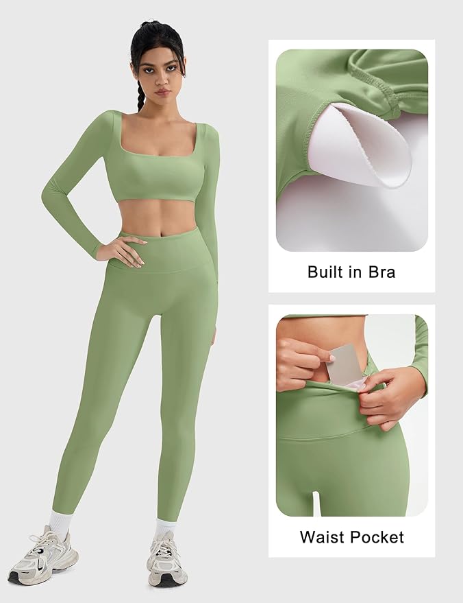 SUUKSESS Women 2 Piece Workout Sets Compression Tummy Control Leggings with Pockets Long Sleeve Square Neck Padded Crop Tops