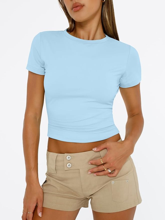 Trendy Queen Womens Short Sleeve T Shirts - Buttery Soft Summer Crop Tops Slim Fit Y2k Basic Tees for Workout