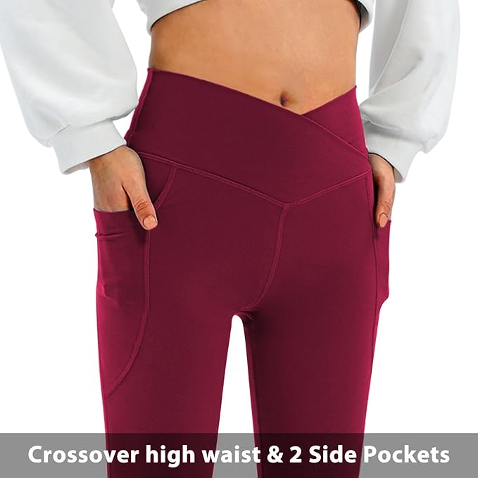 DLOODA Women's Flare Leggings with Pockets Crossover High Waisted Bootcut Yoga Pants Tummy Control Bell Bottom Leggings