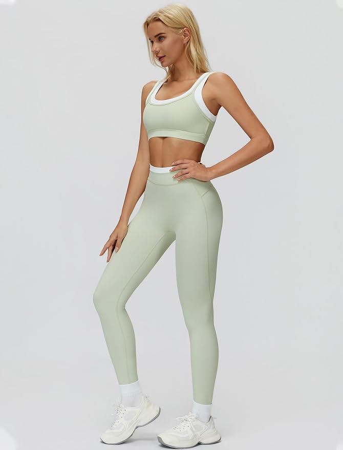 Women 2 Piece Workout U Back Color Block Sports Bra High Waist Active Leggings Yoga Pilates Outfits