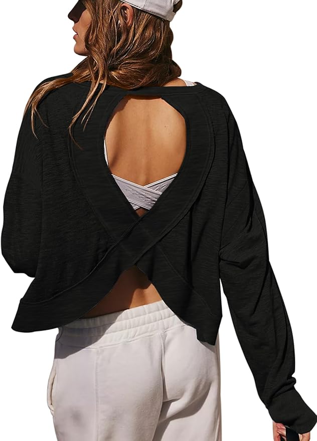 LASLULU Womens Open Back Long Sleeve Workout Tops Athletic Shirts Boat Neck Casual Running Tee Y2k Yoga Gym Tops