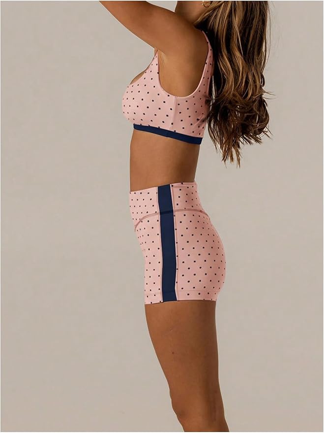 Milumia Women's Polka Dots Workout Set 2 Piece Color Block Yoga Outfit Bra Tank High Waisted Biker Shorts