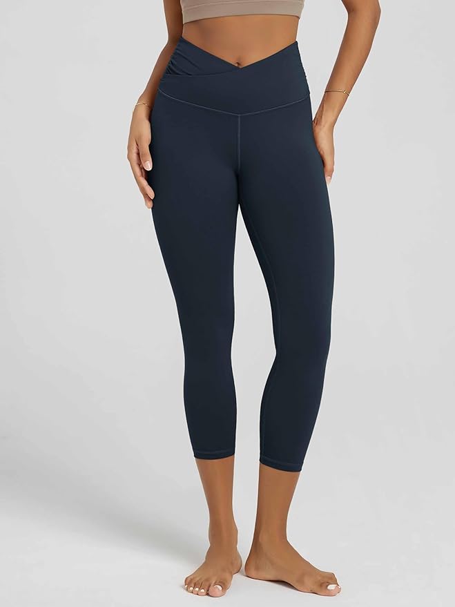 ODODOS Women's Cross Waist Yoga Leggings with Inner Pocket, 23"/25"/28" Gathered Crossover Workout Yoga Pants