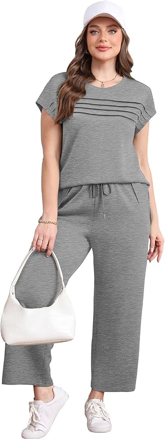 WIHOLL Two Piece Sets for Women Summer Spring Travel Vacation Outfits Cap Sleeve Lounge Matching Sets Wide Leg Pants S-3XL