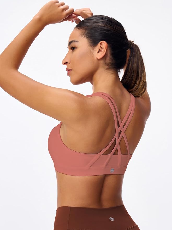 Women's Strappy Sports Bras Light Compression Crop Criss Cross Back Padded Workout Yoga Bra Supportive U Neckline