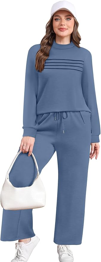 WIHOLL Two Piece Sets for Women Spring Travel Vacation Outfits 2026 Long Sleeve Lounge Sets Side Slit Wide Leg Pants S-3XL