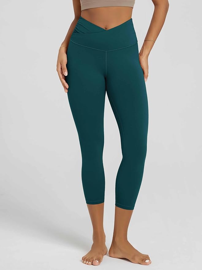 ODODOS Women's Cross Waist Yoga Leggings with Inner Pocket, 23"/25"/28" Gathered Crossover Workout Yoga Pants
