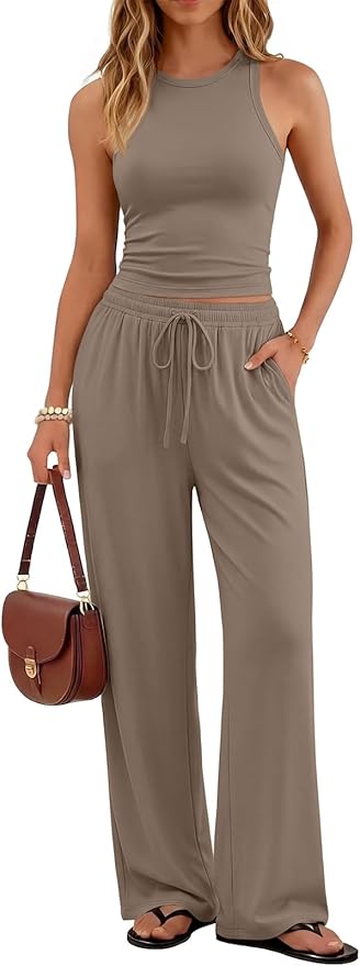 Trendy Queen Women's 2 Piece Summer Lounge Sets Butter Soft Tank Top & High Waisted Wide Leg Pants with Pockets