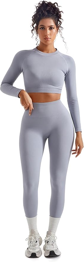 SUUKSESS Women 2 Piece Workout Sets Hidden Scrunch Hip Lifting Seamless Leggings Long Sleeve Yoga Crop Tops