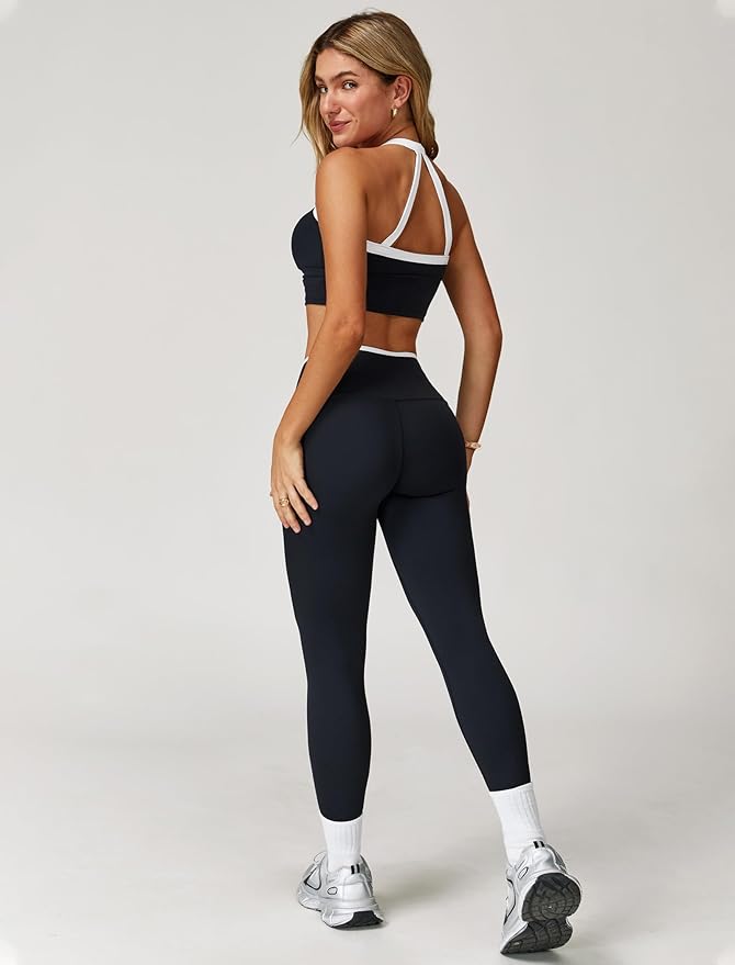 QBGJTD Womens Workout Sets Two Piece Cross Back Tank Top Matching High Waist Leggings Sets Gym Outfits Work Out Clothes