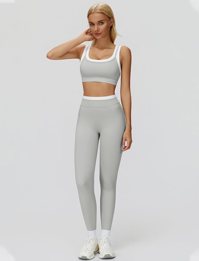 Women 2 Piece Workout U Back Color Block Sports Bra High Waist Active Leggings Yoga Pilates Outfits