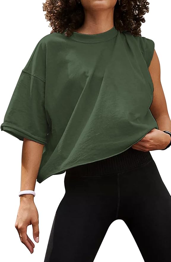 Women's Oversize Workout Crop Tops Casual Short Sleeve Drop Shoulder Boxy T-Shirts Roll Hem Basic Loose Yoga Running Tees