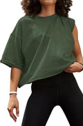 Women's Oversize Workout Crop Tops Casual Short Sleeve Drop Shoulder Boxy T-Shirts Roll Hem Basic Loose Yoga Running Tees