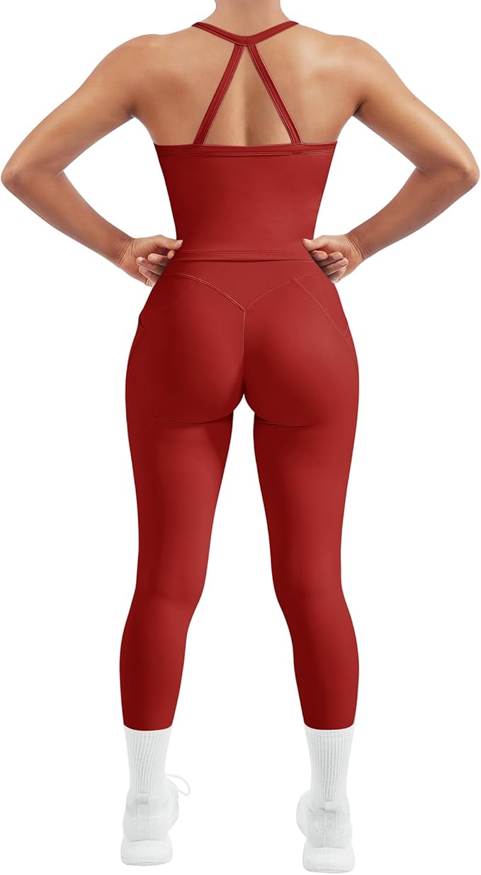 SUUKSESS Women 2 Piece Workout Sets Compression Tummy Control Leggings with Pockets Halter Built in Bra Tank Tops