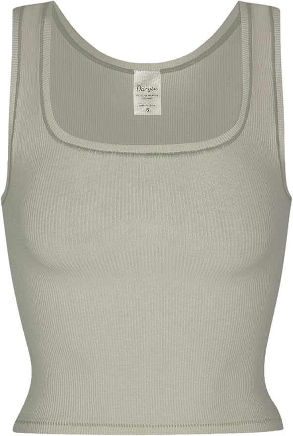 Danysu Women Rib Tank Top Padded Workout Top Square Neck Crop Tank Fitted Basic Cami Tops
