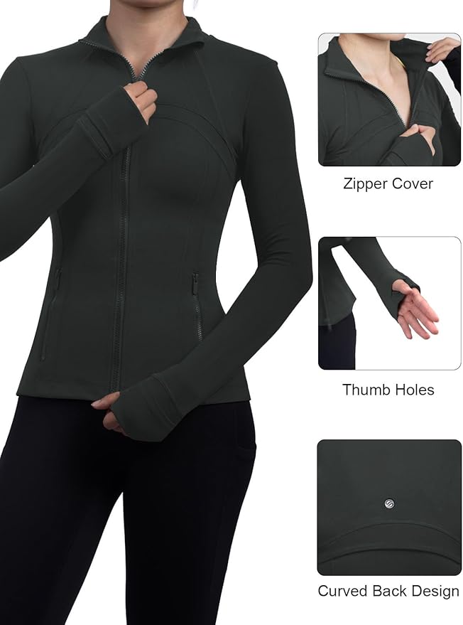 SIS QUEEN Women's Workout Jackets Slim Fit Athletic Track Tops with Pockets Thumb Holes Full Zip Up Lightweight Sportswear