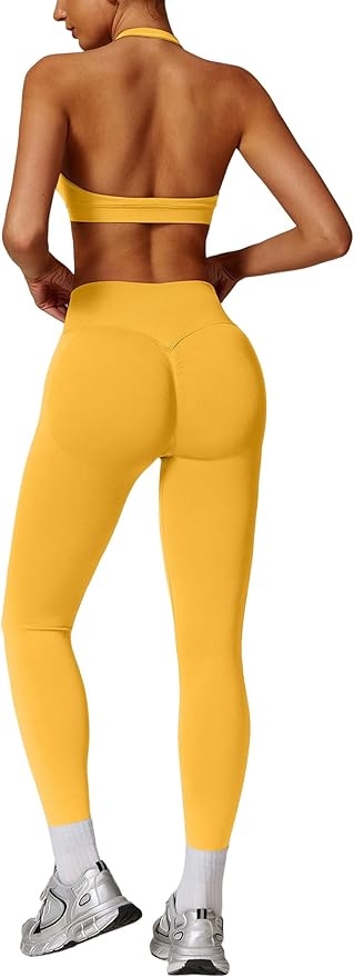 ABOCIW Workout Sets for Women Seamless Scunch Butt Lifting Impact Leggings Halter Sports Bra 2 Piece Gym Outfits