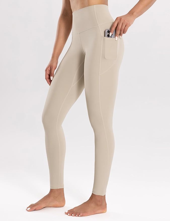 ENERBLOOM Workout Leggings with Pockets for Women High Waist Yoga Pants 25"/28" Cream Soft Lightweight Athletic Gym Tights